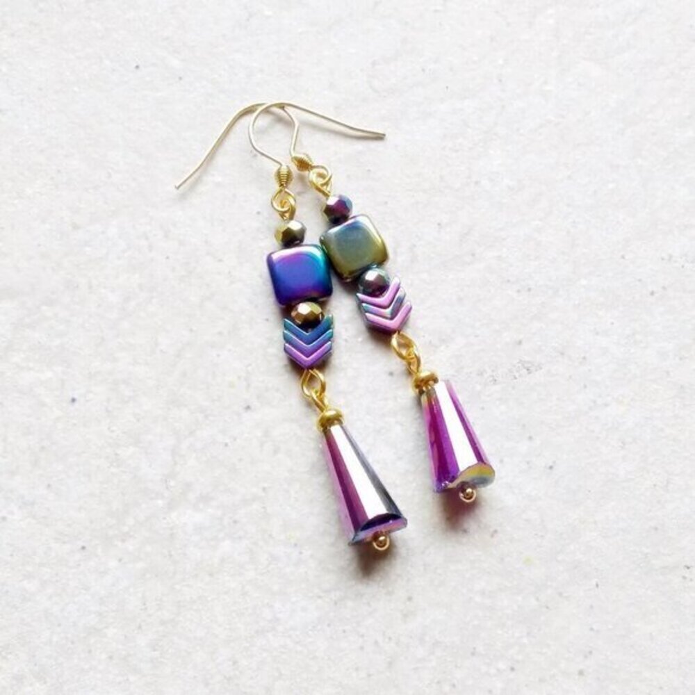 Peacock Purple Hues!!! One-of-a-kind Pair of Electroplated Dangle Earrings